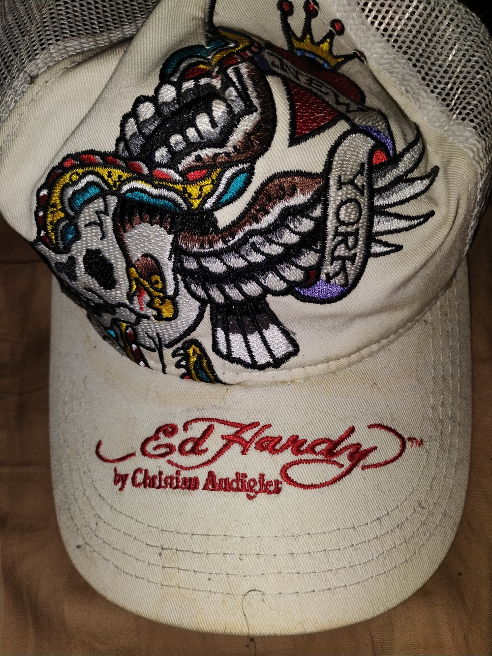Ed Hardy Cream Trucker Hat with Multicolor Embroidered Skull and Wings